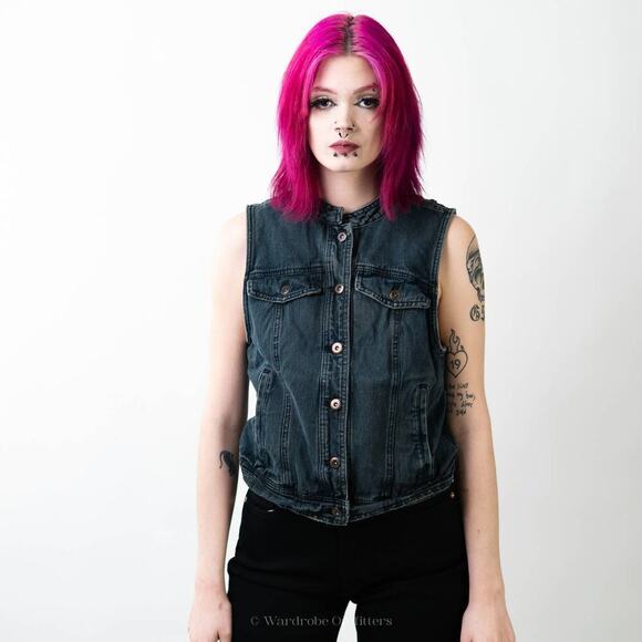 Free People Lace Up Denim Trucker Vest  - M - Picture 1 of 6